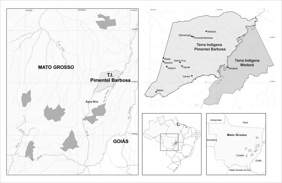 Maps of A’uwẽ lands (left) and T.I. Pimentel Barbosa and Wedezé (right, top). Adapted from Welch et al. (2013).